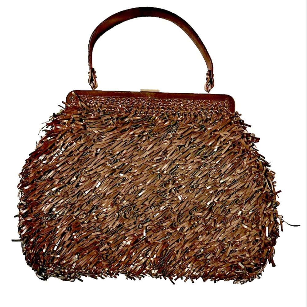 MARNI PATENT/LEATHER FRINGE BAG BROWN